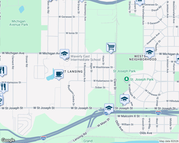 map of restaurants, bars, coffee shops, grocery stores, and more near 2704 West Washtenaw Street in Lansing