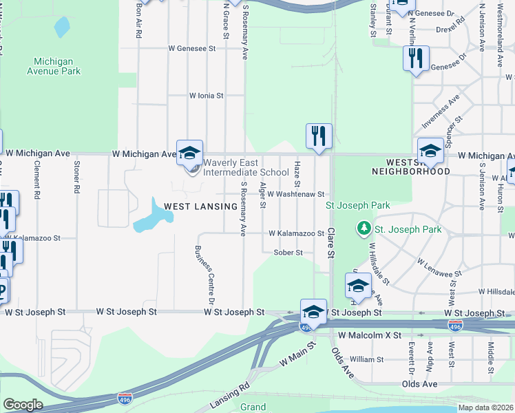 map of restaurants, bars, coffee shops, grocery stores, and more near 2704 West Washtenaw Street in Lansing