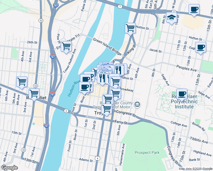 map of restaurants, bars, coffee shops, grocery stores, and more near 256 Broadway in Troy