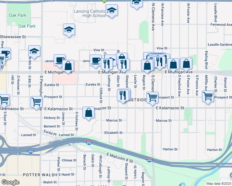 map of restaurants, bars, coffee shops, grocery stores, and more near 207 Lathrop Street in Lansing