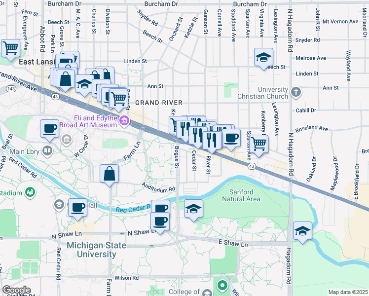 map of restaurants, bars, coffee shops, grocery stores, and more near 918 East Grand River Avenue in Lansing