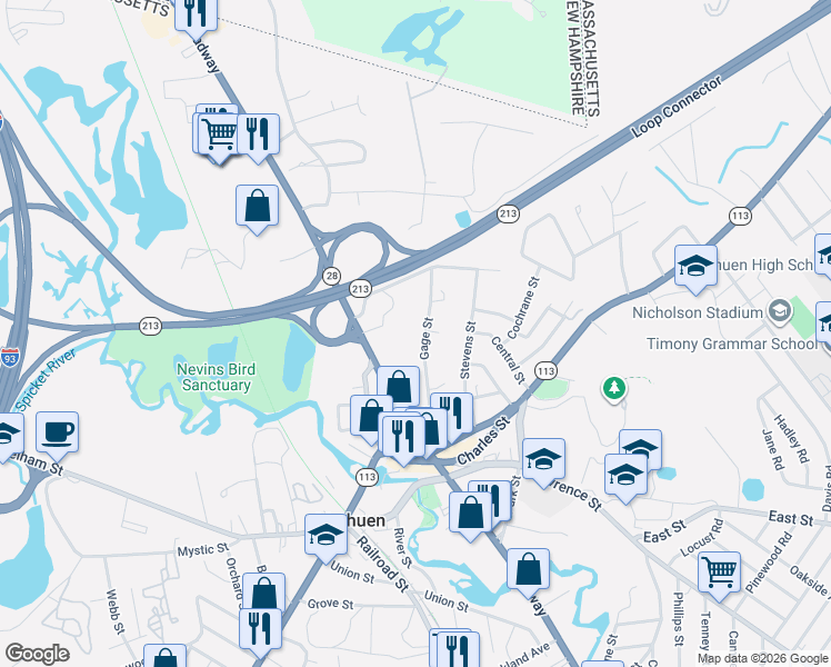 map of restaurants, bars, coffee shops, grocery stores, and more near 32 Gage Street in Methuen