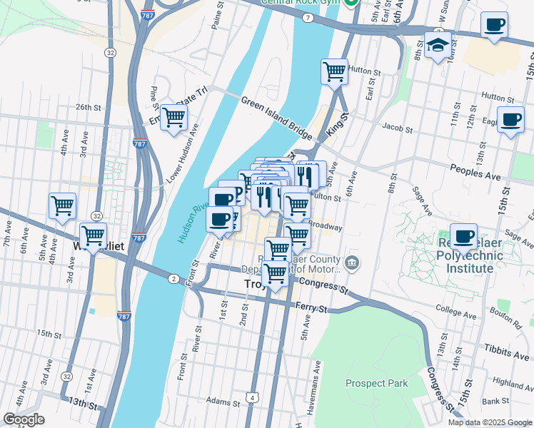 map of restaurants, bars, coffee shops, grocery stores, and more near 13 3rd Street in Troy