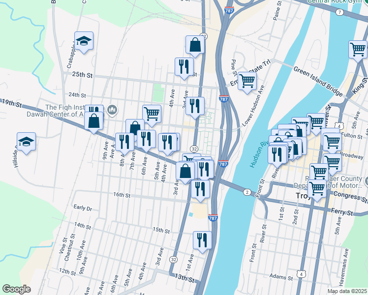 map of restaurants, bars, coffee shops, grocery stores, and more near 2124 3rd Avenue in Watervliet