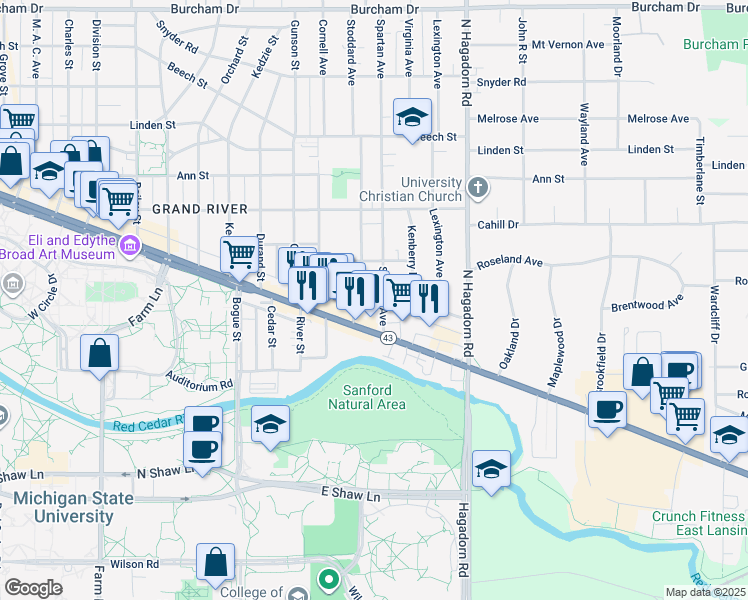 map of restaurants, bars, coffee shops, grocery stores, and more near 164 Stoddard Avenue in East Lansing