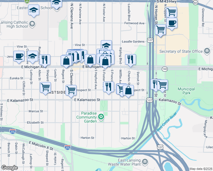 map of restaurants, bars, coffee shops, grocery stores, and more near 211 South Foster Avenue in Lansing