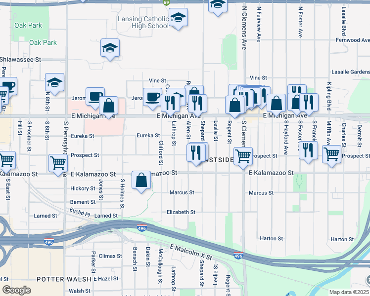 map of restaurants, bars, coffee shops, grocery stores, and more near 207 Lathrop Street in Lansing