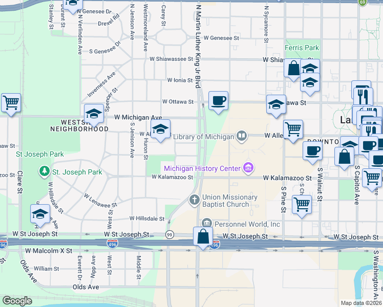 map of restaurants, bars, coffee shops, grocery stores, and more near 1129 Chelsea Avenue in Lansing