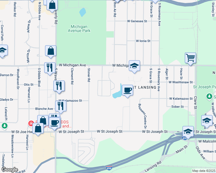 map of restaurants, bars, coffee shops, grocery stores, and more near 300 Western Avenue in Lansing