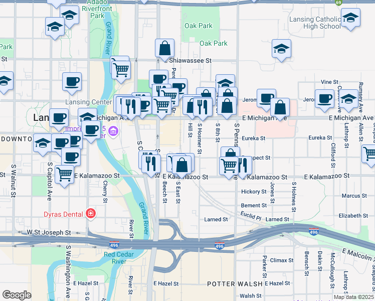 map of restaurants, bars, coffee shops, grocery stores, and more near 204 South Hosmer Street in Lansing