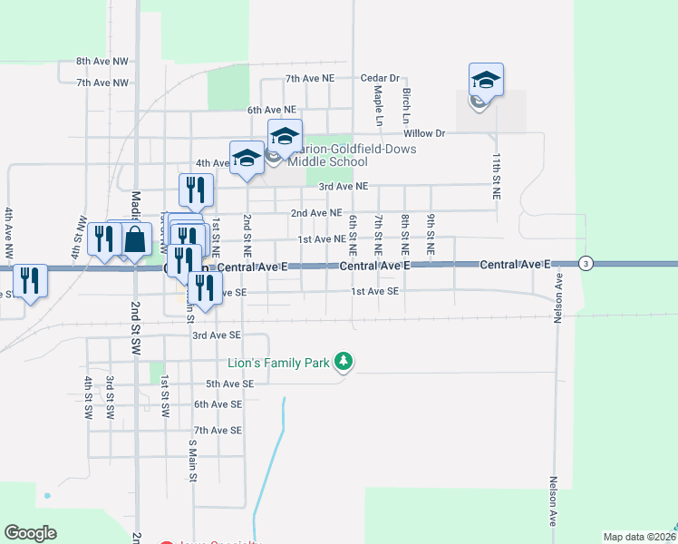 map of restaurants, bars, coffee shops, grocery stores, and more near 101-199 5th Street Northeast in Clarion