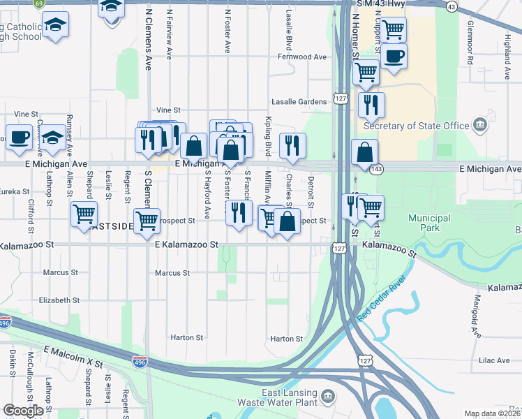 map of restaurants, bars, coffee shops, grocery stores, and more near 209 South Francis Avenue in Lansing