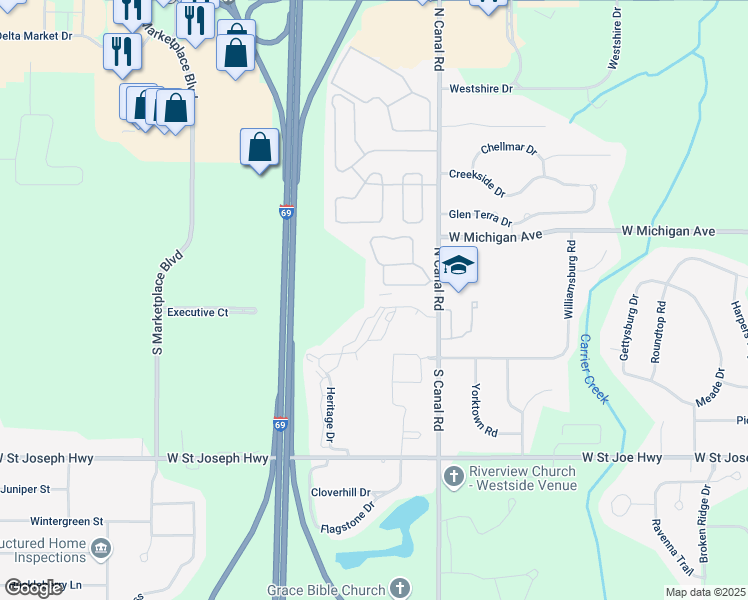 map of restaurants, bars, coffee shops, grocery stores, and more near 7612 Heritage Drive in Lansing