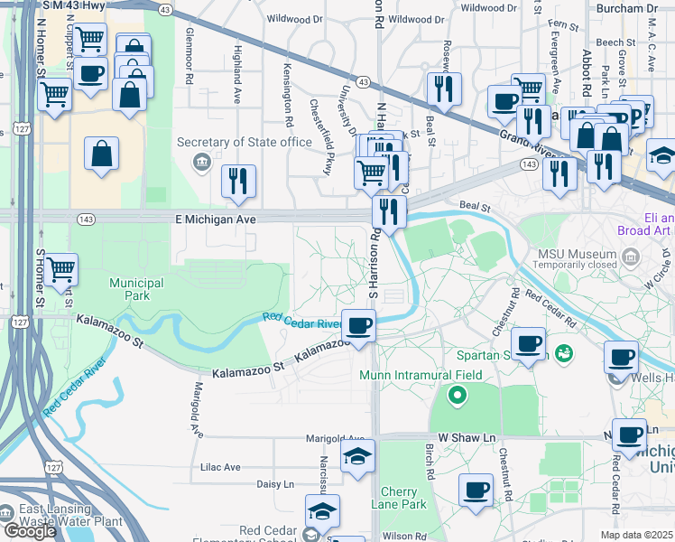 map of restaurants, bars, coffee shops, grocery stores, and more near 241 Brody Srv Road in East Lansing