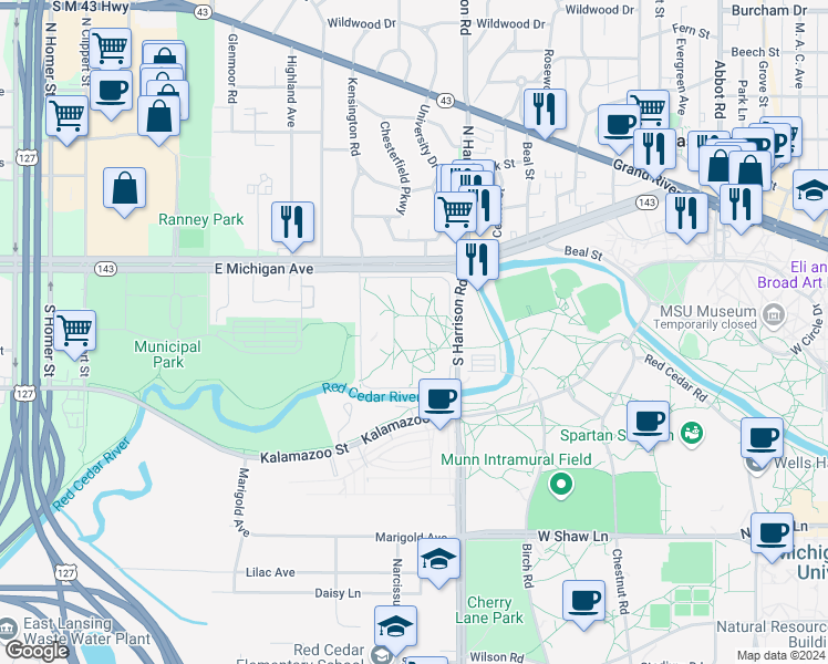 map of restaurants, bars, coffee shops, grocery stores, and more near 241 Brody Srv Road in East Lansing