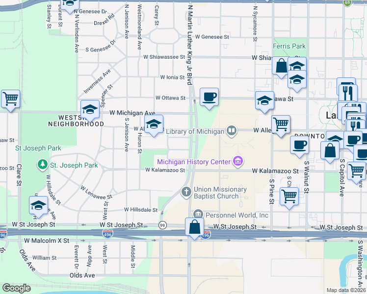 map of restaurants, bars, coffee shops, grocery stores, and more near 1129 Chelsea Avenue in Lansing