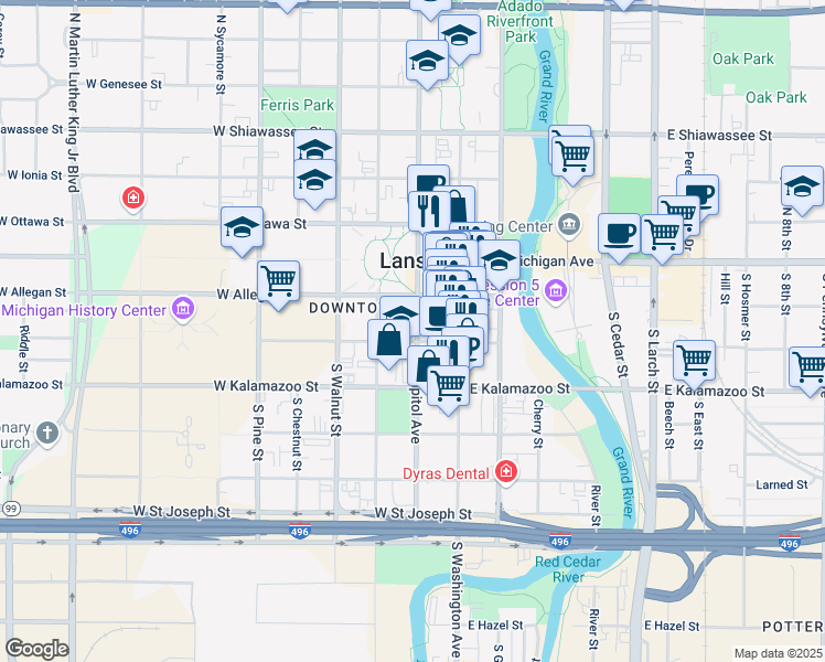 map of restaurants, bars, coffee shops, grocery stores, and more near 200 North Grand Avenue in Lansing
