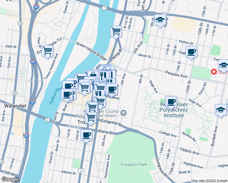 map of restaurants, bars, coffee shops, grocery stores, and more near 1818 5th Avenue in Troy