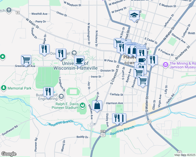 map of restaurants, bars, coffee shops, grocery stores, and more near 455 Irene Street in Platteville