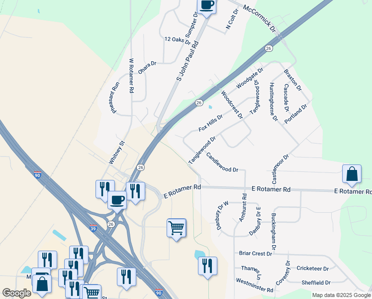 map of restaurants, bars, coffee shops, grocery stores, and more near Ice Age National Scenic Trail in Janesville