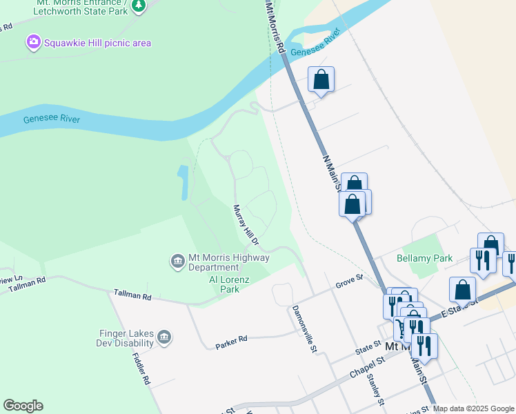 map of restaurants, bars, coffee shops, grocery stores, and more near 70-98 Murray Hill Drive in Mount Morris
