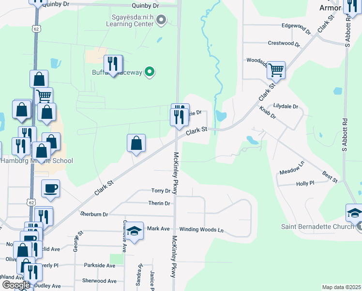 map of restaurants, bars, coffee shops, grocery stores, and more near 4552 Clark Street in Hamburg