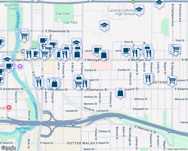 map of restaurants, bars, coffee shops, grocery stores, and more near 1116 Eureka Street in Lansing