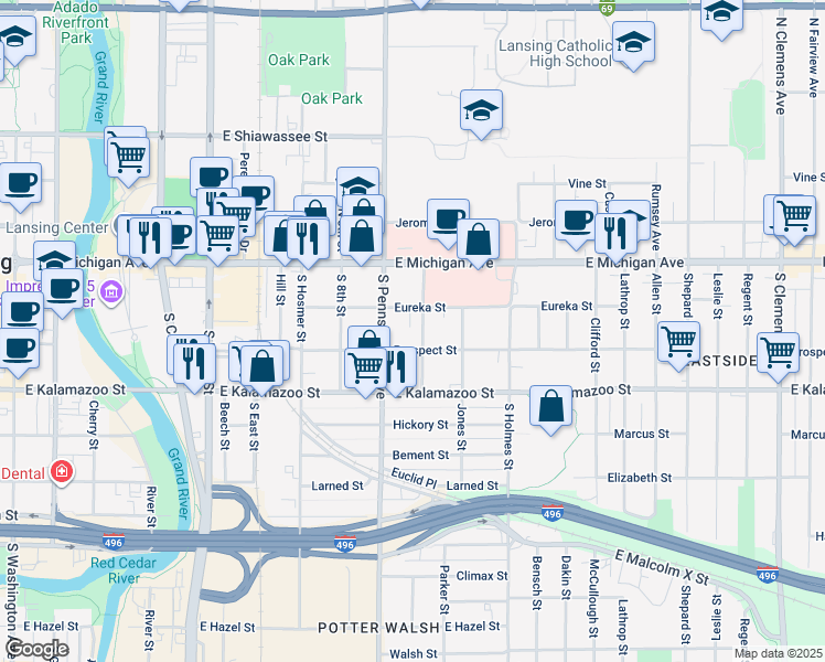 map of restaurants, bars, coffee shops, grocery stores, and more near 1018 Eureka Street in Lansing