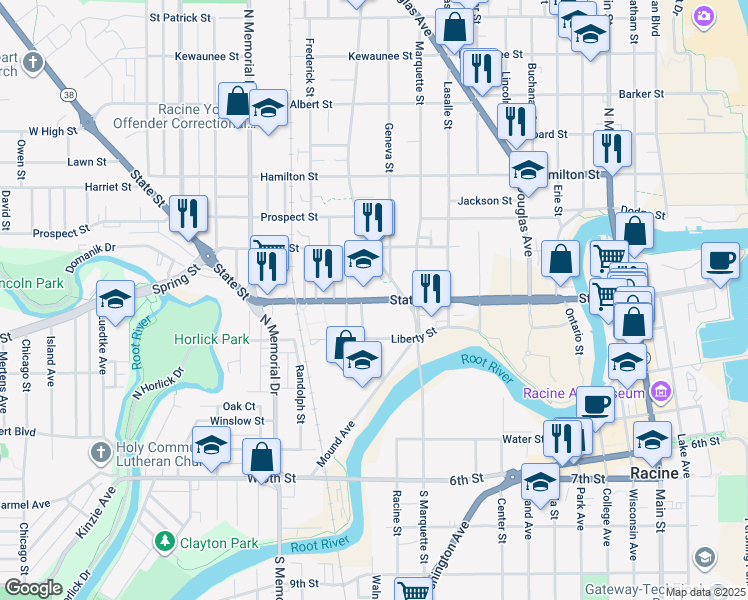 map of restaurants, bars, coffee shops, grocery stores, and more near 1200 State Street in Racine