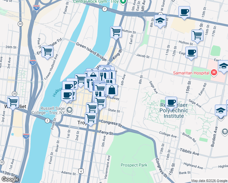 map of restaurants, bars, coffee shops, grocery stores, and more near 1818 5th Avenue in Troy