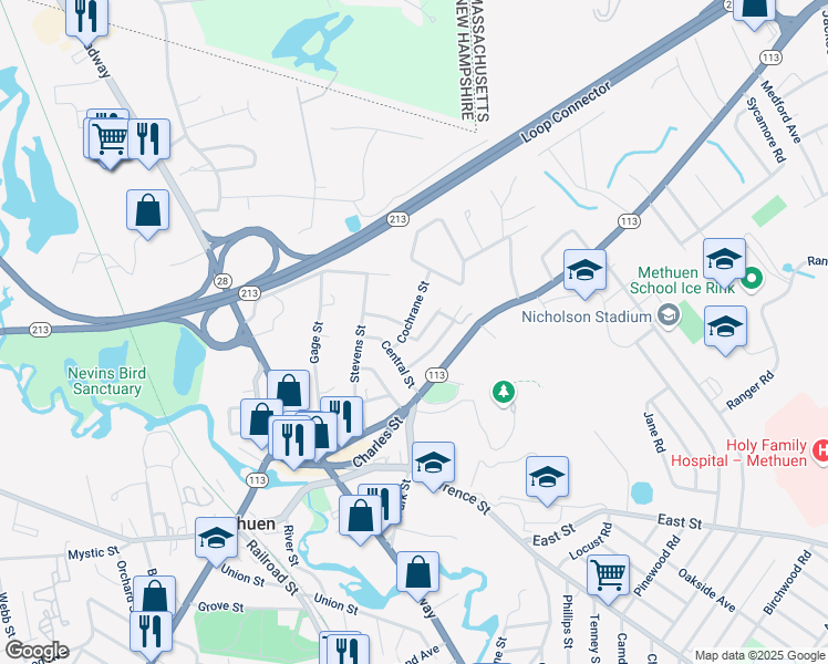 map of restaurants, bars, coffee shops, grocery stores, and more near 11 Cochrane Street in Methuen