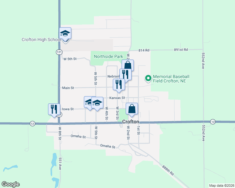 map of restaurants, bars, coffee shops, grocery stores, and more near West 3rd Street in Crofton