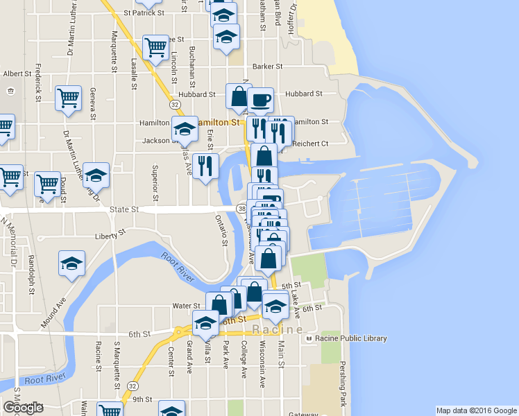 map of restaurants, bars, coffee shops, grocery stores, and more near 215 State St in Racine