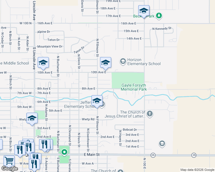 map of restaurants, bars, coffee shops, grocery stores, and more near 801 9th Avenue East in Jerome