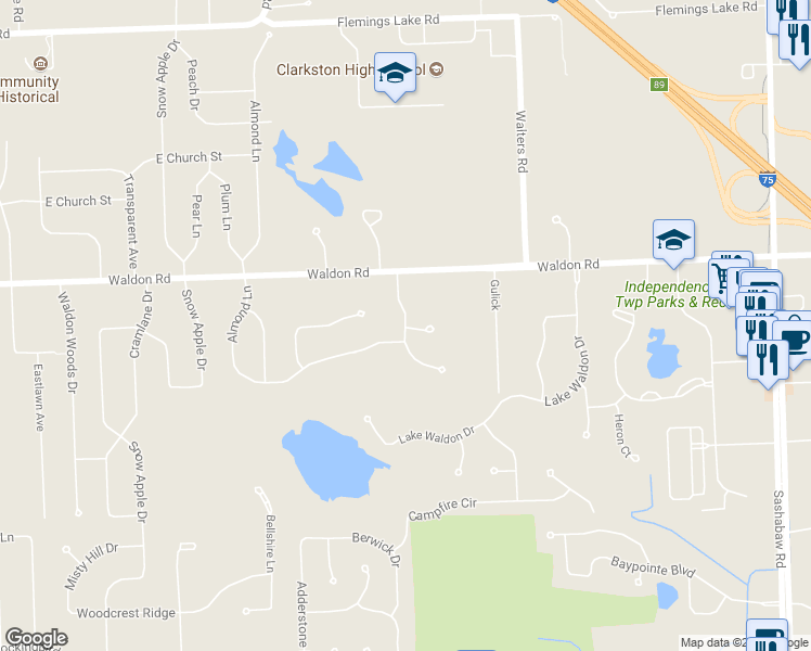 map of restaurants, bars, coffee shops, grocery stores, and more near 6469 Pine Valley Road in Independence charter Township