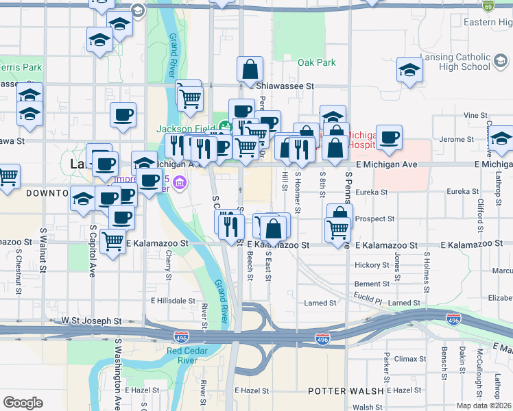 map of restaurants, bars, coffee shops, grocery stores, and more near 633 Barnard Street in Lansing
