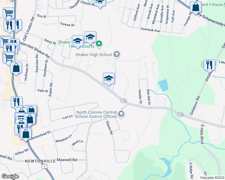 map of restaurants, bars, coffee shops, grocery stores, and more near 445 Watervliet Shaker Road in Latham
