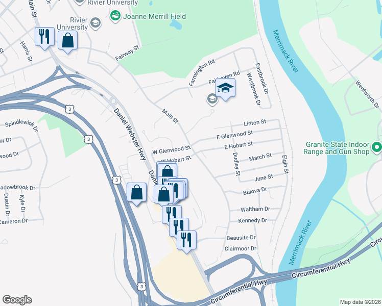 map of restaurants, bars, coffee shops, grocery stores, and more near 577 Main Street in Nashua