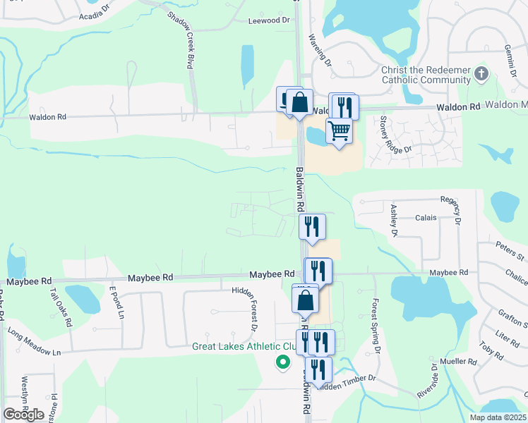map of restaurants, bars, coffee shops, grocery stores, and more near 3355 Thornwood in Orion charter Township