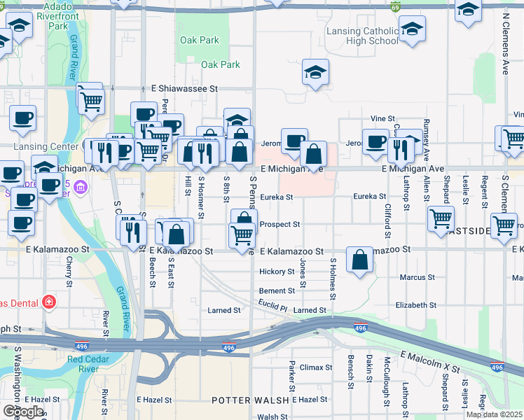 map of restaurants, bars, coffee shops, grocery stores, and more near 1018 Eureka Street in Lansing