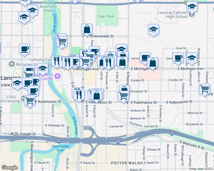 map of restaurants, bars, coffee shops, grocery stores, and more near 204 South Hosmer Street in Lansing