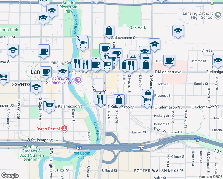map of restaurants, bars, coffee shops, grocery stores, and more near 633 Barnard Street in Lansing
