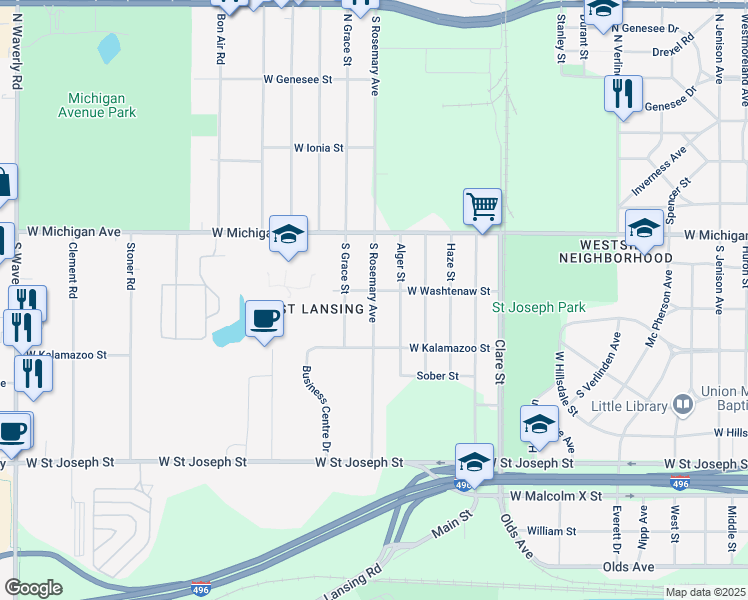 map of restaurants, bars, coffee shops, grocery stores, and more near 2805 West Washtenaw Street in Lansing