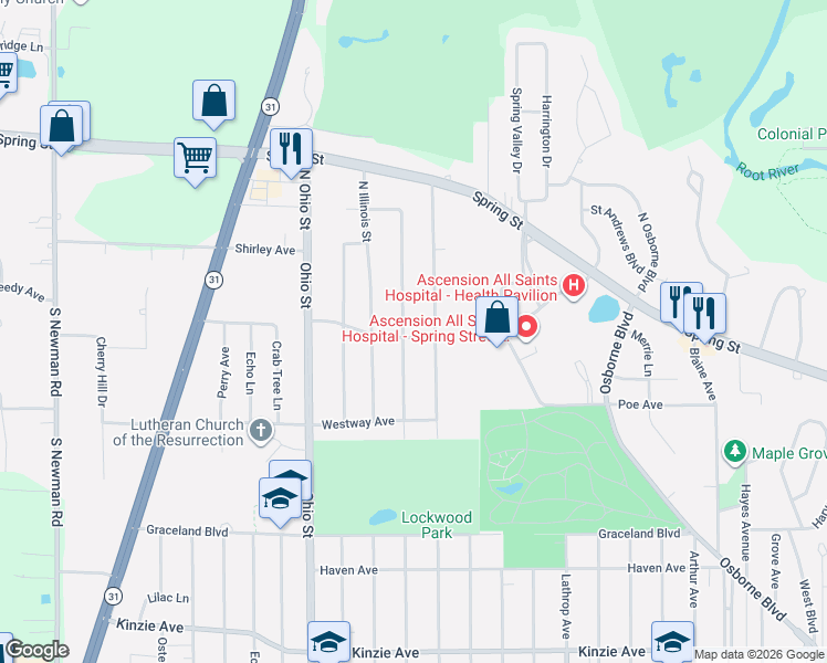 map of restaurants, bars, coffee shops, grocery stores, and more near 43 Oregon Street in Racine