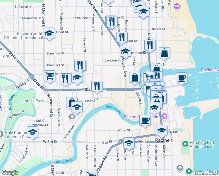 map of restaurants, bars, coffee shops, grocery stores, and more near 900 State Street in Racine