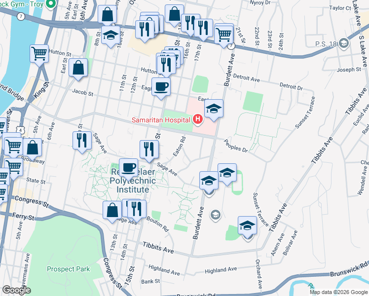 map of restaurants, bars, coffee shops, grocery stores, and more near 22 Eaton Road in Troy