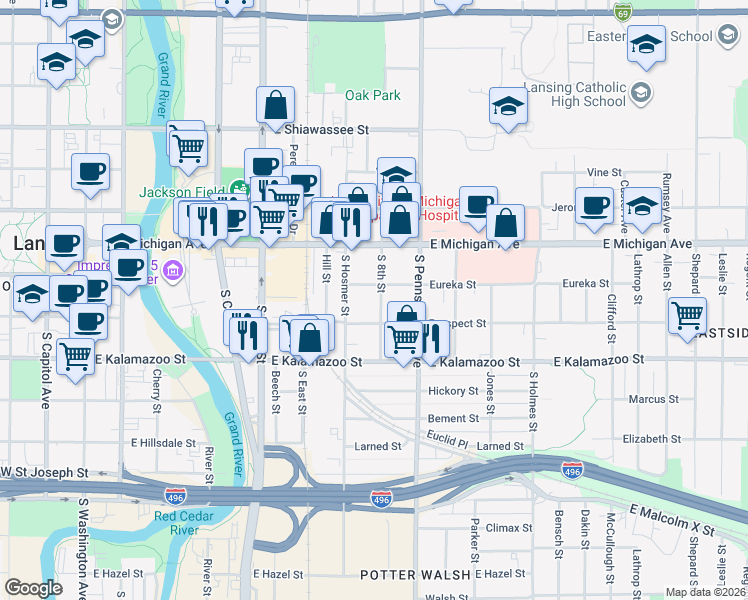 map of restaurants, bars, coffee shops, grocery stores, and more near 212 South 8th Street in Lansing