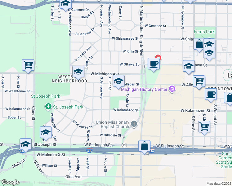 map of restaurants, bars, coffee shops, grocery stores, and more near 221 Huron Street in Lansing