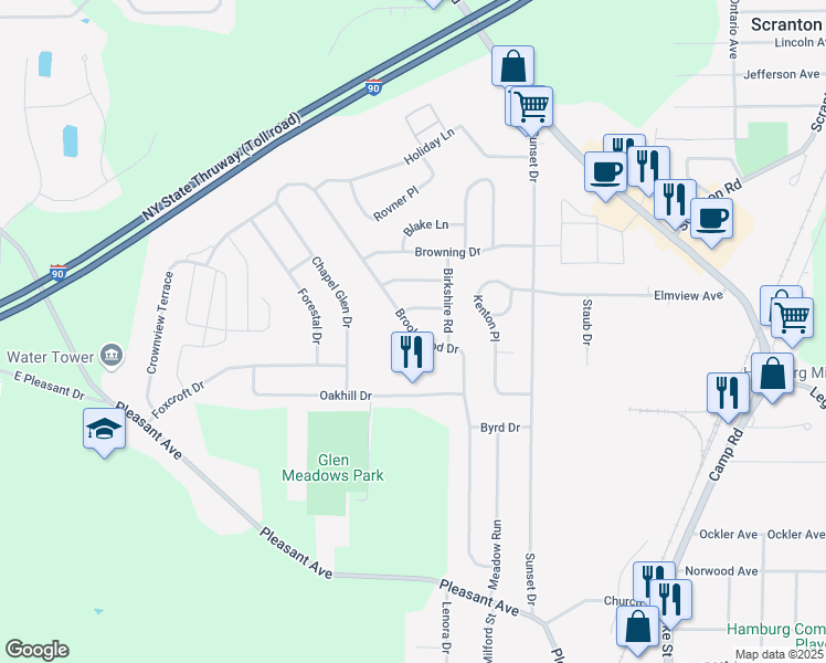 map of restaurants, bars, coffee shops, grocery stores, and more near 296 Brookwood Drive in Hamburg