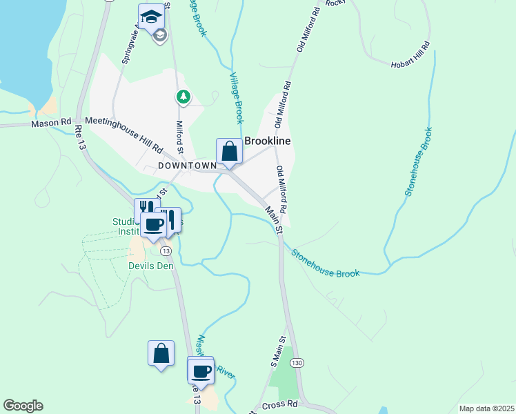 map of restaurants, bars, coffee shops, grocery stores, and more near 22 Main Street in Brookline